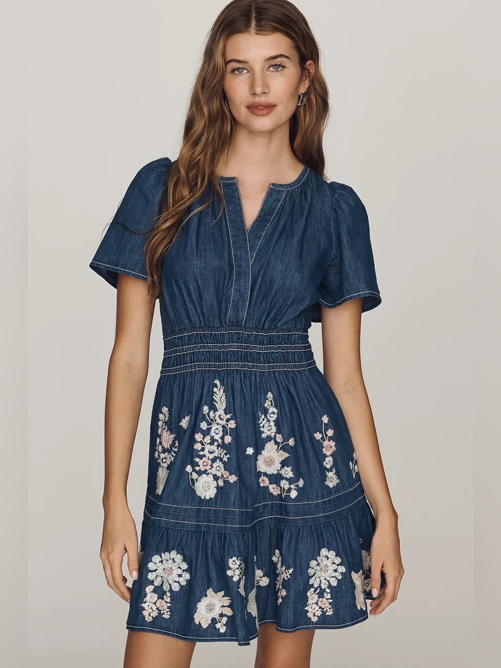 Anthropologie Denim Blue Embroidered Floral Mini Dress